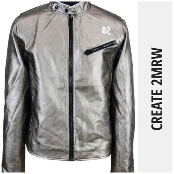CREATE 2MRW -🎉HP🎉NWT -M Sz XL - 82 C'Est La Vie Silver Faux Leather Biker Jacket - Picture 2 of 16